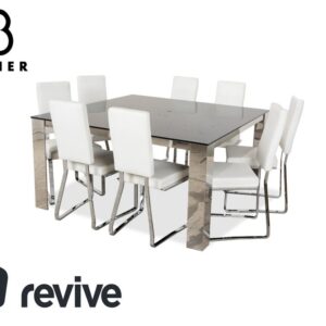 Bacher Glas Leder Esstisch 8er Stuhlgarnitur Silber Chrom Weiß