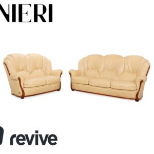 Nieri Leder Holz Dreisitzer Zweisitzer Creme Braun Sofa Couch